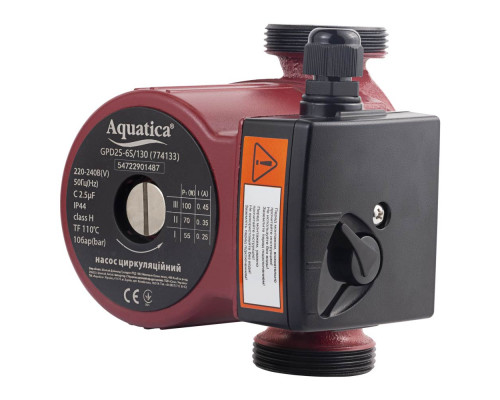 Насос циркуляційний 100Вт Hmax 6м Qmax 75л/хв Ø1½" 130мм+гайки Ø1" AQUATICA (774133)