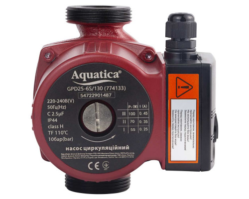 Насос циркуляційний 100Вт Hmax 6м Qmax 75л/хв Ø1½" 130мм+гайки Ø1" AQUATICA (774133)