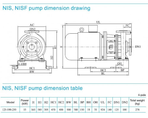 насос NISF125-100-250/15SWF консольний моноблочний відцентровий насос із нержавіючої сталі