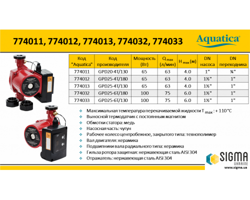 Насос циркуляційний з термодатчиком 100Вт Hmax 6м Qmax 75л/хв Ø1½" 130мм+гайки Ø1" AQUATICA (774033)